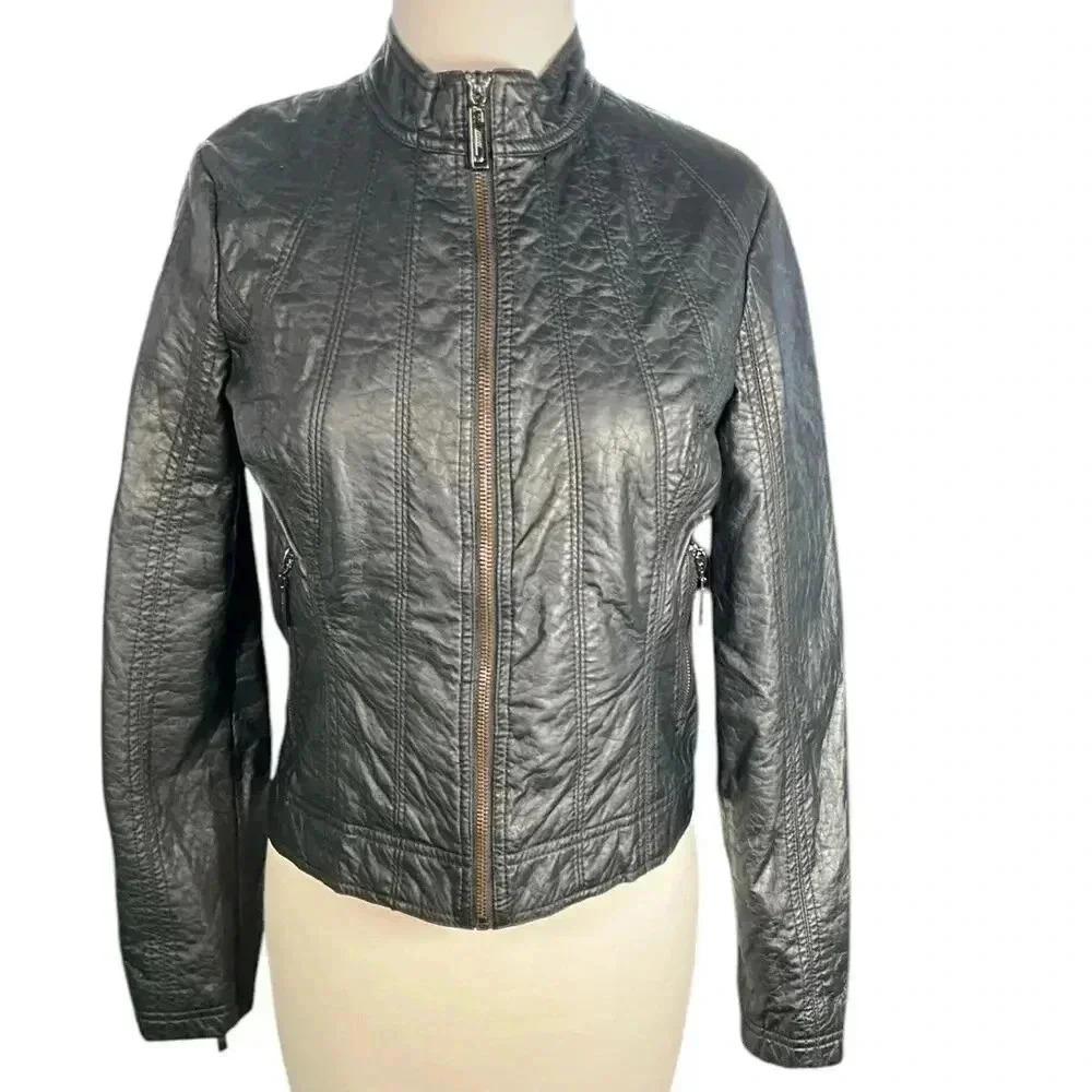 JouJou Womens Moto Jacket Black Soft Faux Leather Zip Front Lined Size Small
